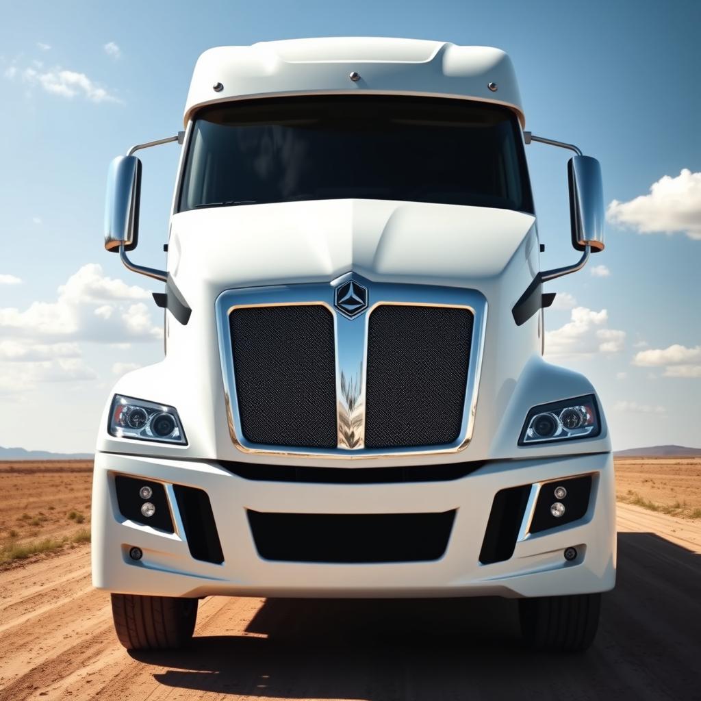 A white Magnum truck, with sleek aerodynamic design and bold lines, positioned in a vast open landscape
