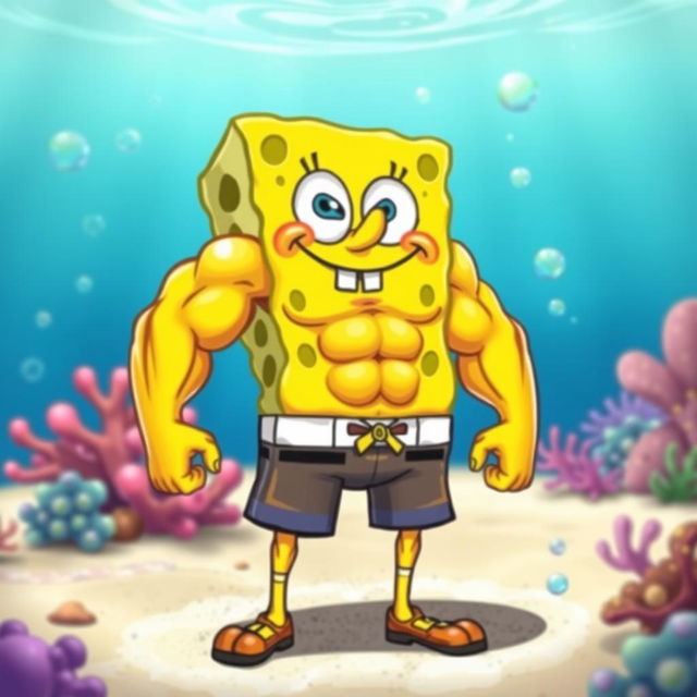 A muscular version of SpongeBob SquarePants, showcasing exaggerated biceps and abs, wearing his traditional square pants but with an open shirt to display his toned physique