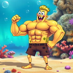 A muscular version of SpongeBob SquarePants, showcasing exaggerated biceps and abs, wearing his traditional square pants but with an open shirt to display his toned physique