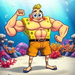 A muscular version of SpongeBob SquarePants, showcasing exaggerated biceps and abs, wearing his traditional square pants but with an open shirt to display his toned physique