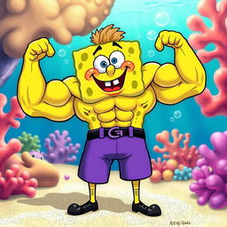 A muscular version of SpongeBob SquarePants, showcasing exaggerated biceps and abs, wearing his traditional square pants but with an open shirt to display his toned physique
