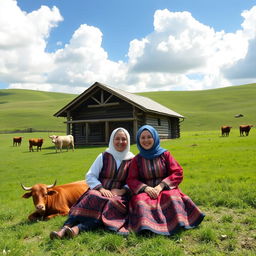 A happy Russian Bashkir Muslim couple sitting in front of their traditional wooden house, surrounded by vast green fields and gentle rolling hills