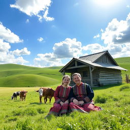 A happy Russian Bashkir Muslim couple sitting in front of their traditional wooden house, surrounded by vast green fields and gentle rolling hills