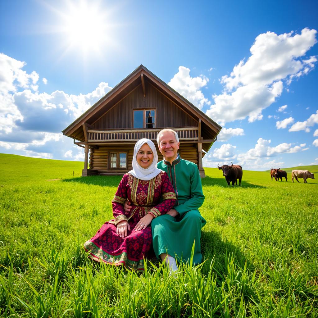 A happy Russian Bashkir Muslim couple sitting in front of their traditional wooden house, surrounded by vast green fields and gentle rolling hills