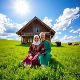 A happy Russian Bashkir Muslim couple sitting in front of their traditional wooden house, surrounded by vast green fields and gentle rolling hills