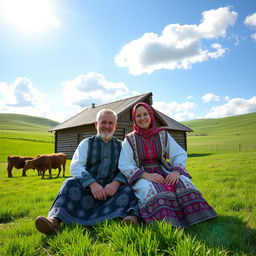 A happy Russian Bashkir Muslim couple sitting in front of their traditional wooden house, surrounded by vast green fields and gentle rolling hills