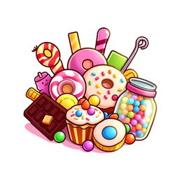 A vibrant and colorful icon featuring an assortment of sweets and sugary foods