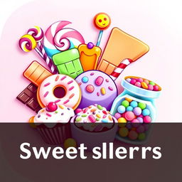 A vibrant and colorful icon featuring an assortment of sweets and sugary foods