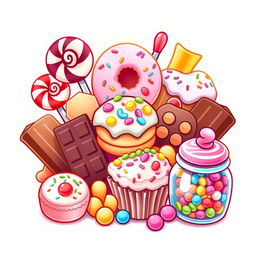A vibrant and colorful icon featuring an assortment of sweets and sugary foods