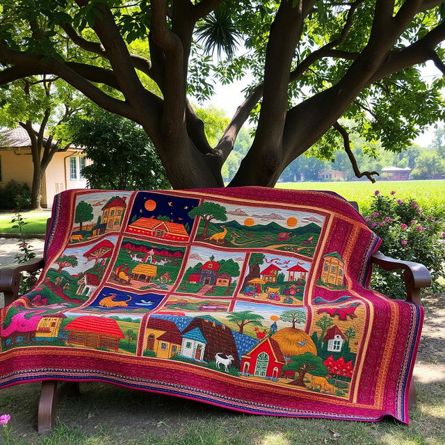 A beautifully crafted Bangladeshi nokshi katha quilt, showcasing intricate embroidery patterns inspired by traditional designs