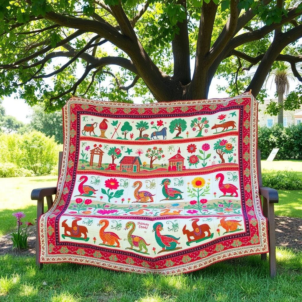 A beautifully crafted Bangladeshi nokshi katha quilt, showcasing intricate embroidery patterns inspired by traditional designs