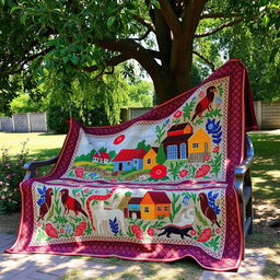 A beautifully crafted Bangladeshi nokshi katha quilt, showcasing intricate embroidery patterns inspired by traditional designs