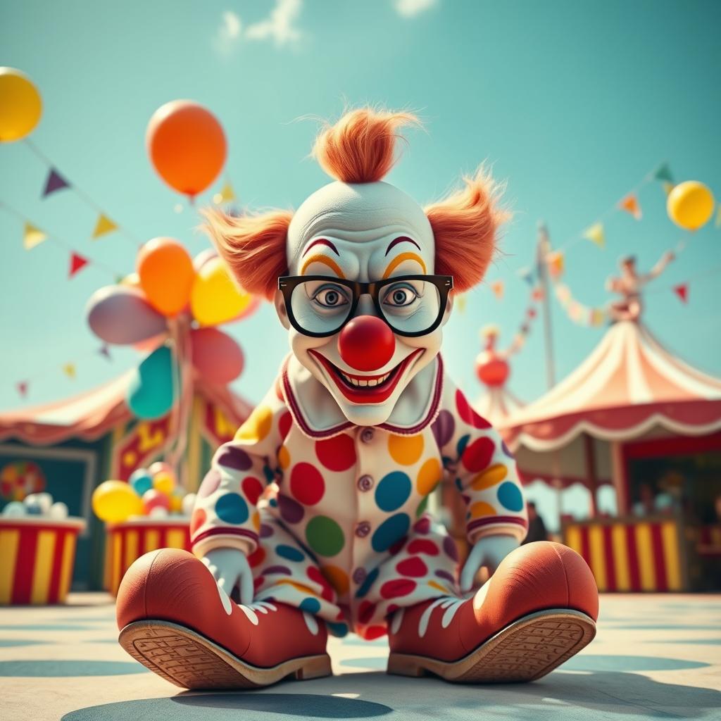 A surreal and whimsical scene featuring a character inspired by the iconic figure Heisenberg, transformed into a clown