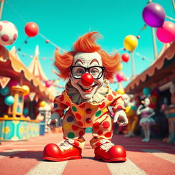 A surreal and whimsical scene featuring a character inspired by the iconic figure Heisenberg, transformed into a clown