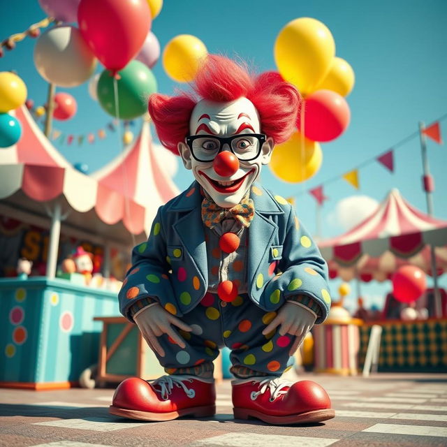 A surreal and whimsical scene featuring a character inspired by the iconic figure Heisenberg, transformed into a clown