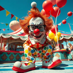 A surreal and whimsical scene featuring a character inspired by the iconic figure Heisenberg, transformed into a clown