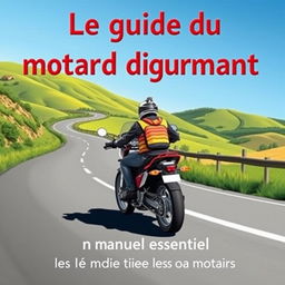 Une couverture de livre pour 'Le guide du motard débutant', en français, illustrant un motard débutant sur une moto classique, vêtu d'un casque et d'une veste de protection