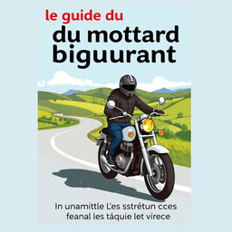 Une couverture de livre pour 'Le guide du motard débutant', en français, illustrant un motard débutant sur une moto classique, vêtu d'un casque et d'une veste de protection