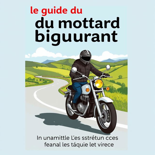 Une couverture de livre pour 'Le guide du motard débutant', en français, illustrant un motard débutant sur une moto classique, vêtu d'un casque et d'une veste de protection