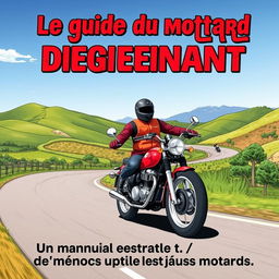 Une couverture de livre pour 'Le guide du motard débutant', en français, illustrant un motard débutant sur une moto classique, vêtu d'un casque et d'une veste de protection