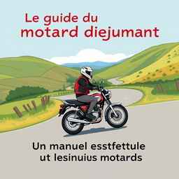 Une couverture de livre pour 'Le guide du motard débutant', en français, illustrant un motard débutant sur une moto classique, vêtu d'un casque et d'une veste de protection