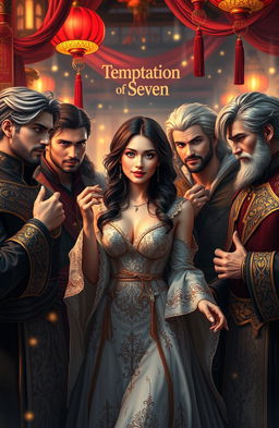 A captivating scene depicting the temptation of seven, featuring a beautiful young woman surrounded by several charismatic men, embodying themes of passion and desire