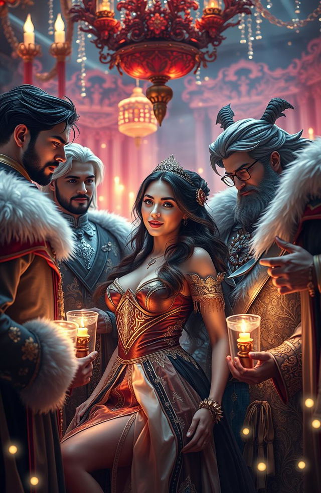 A captivating scene depicting the temptation of seven, featuring a beautiful young woman surrounded by several charismatic men, embodying themes of passion and desire