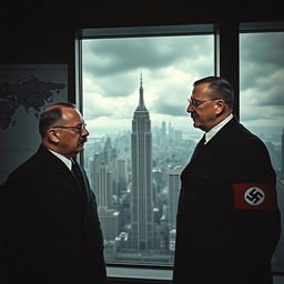 A colorized image of Heinrich Himmler and Adolf Hitler both at the age of 70, celebrating their victory over the world in New York City