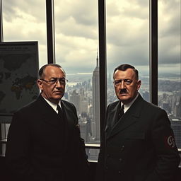 A colorized image of Heinrich Himmler and Adolf Hitler both at the age of 70, celebrating their victory over the world in New York City