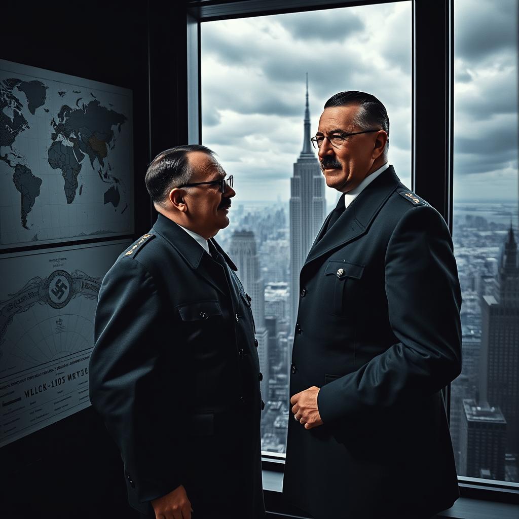 A colorized image of Heinrich Himmler and Adolf Hitler both at the age of 70, celebrating their victory over the world in New York City