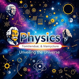 A dynamic and engaging cover page for a physics textbook, featuring a visually striking design