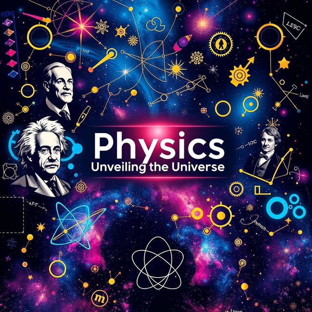 A dynamic and engaging cover page for a physics textbook, featuring a visually striking design