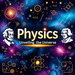A dynamic and engaging cover page for a physics textbook, featuring a visually striking design