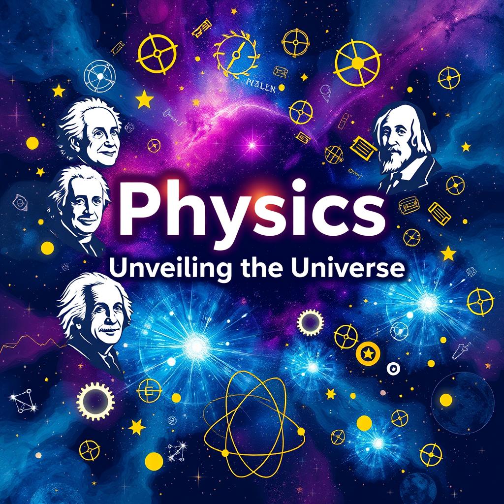 A dynamic and engaging cover page for a physics textbook, featuring a visually striking design