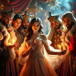 A mesmerizing portrayal of the temptation of seven, featuring a stunning young woman gracefully surrounded by an assembly of handsome men, each exuding charisma and charm