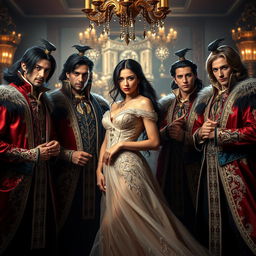 A mesmerizing portrayal of the temptation of seven, featuring a stunning young woman gracefully surrounded by an assembly of handsome men, each exuding charisma and charm