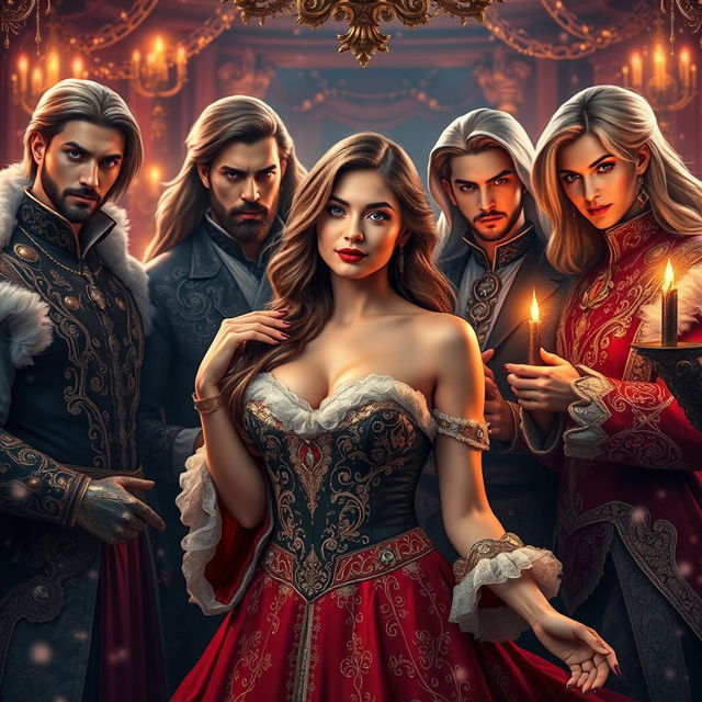 A mesmerizing portrayal of the temptation of seven, featuring a stunning young woman gracefully surrounded by an assembly of handsome men, each exuding charisma and charm