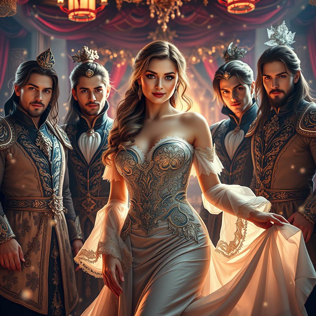 A mesmerizing portrayal of the temptation of seven, featuring a stunning young woman gracefully surrounded by an assembly of handsome men, each exuding charisma and charm