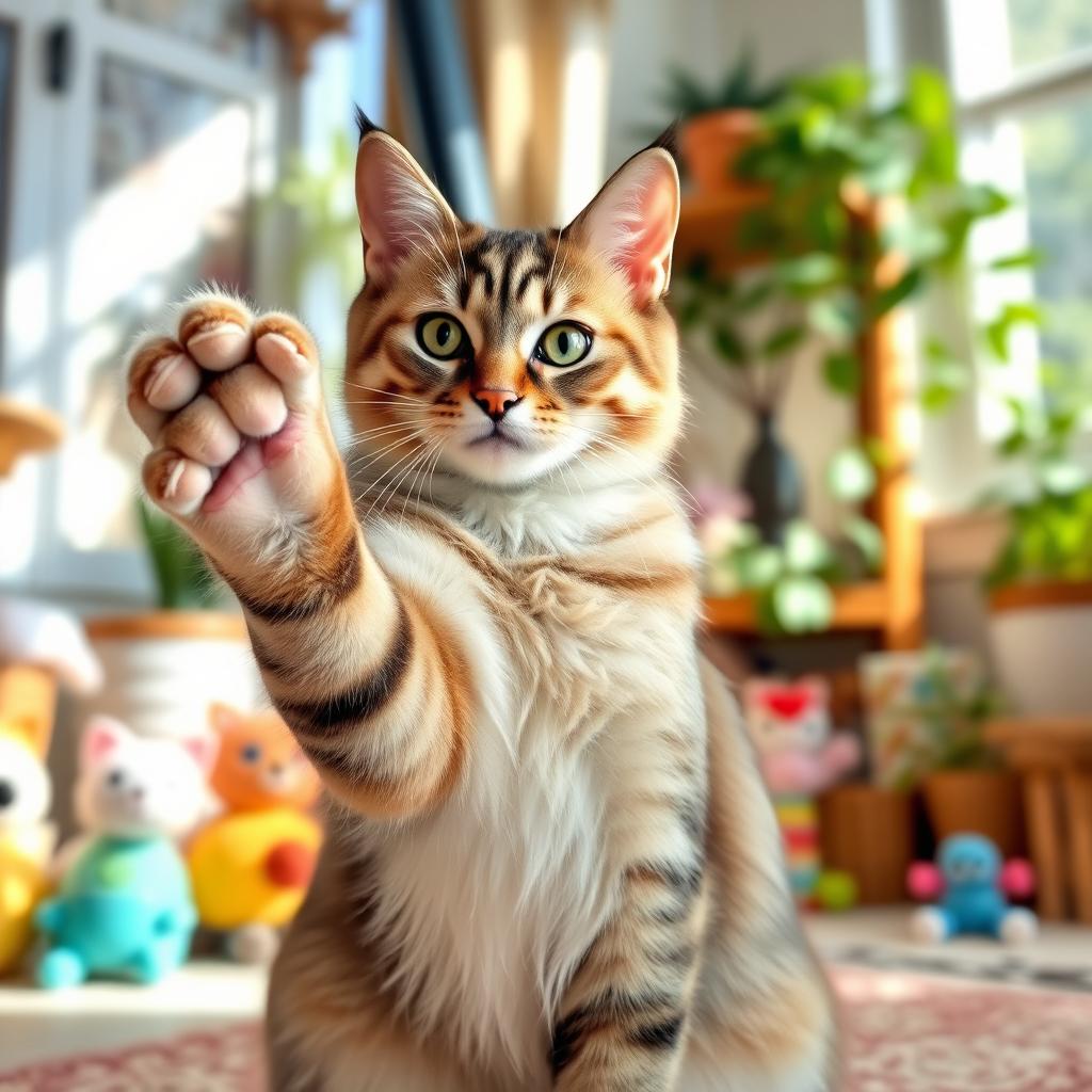 A playful cat with a sleek fur coat, sitting in a cozy room with a sunny window behind it