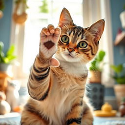A playful cat with a sleek fur coat, sitting in a cozy room with a sunny window behind it