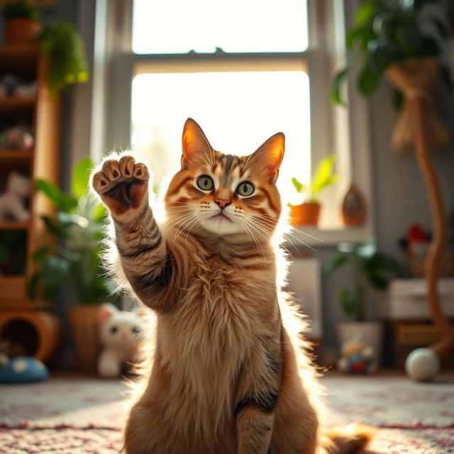 A playful cat with a sleek fur coat, sitting in a cozy room with a sunny window behind it