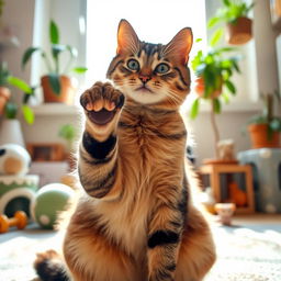 A playful cat with a sleek fur coat, sitting in a cozy room with a sunny window behind it