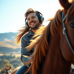 A man riding a beautiful brown horse, fully immersed in music, wearing stylish headphones