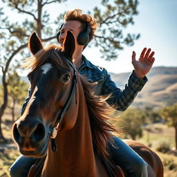 A man riding a beautiful brown horse, fully immersed in music, wearing stylish headphones