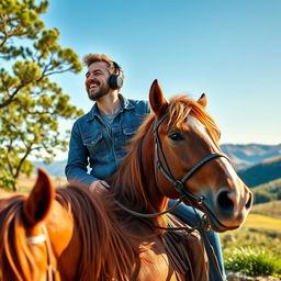 A man riding a beautiful brown horse, fully immersed in music, wearing stylish headphones