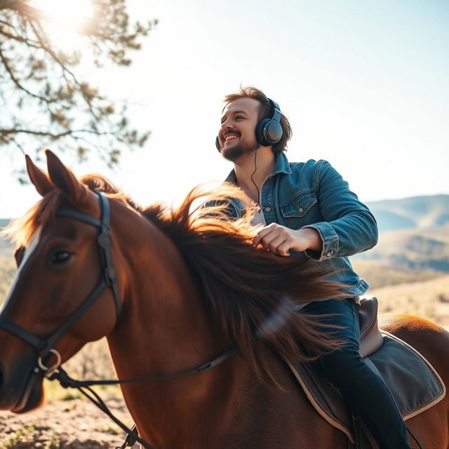 A man riding a beautiful brown horse, fully immersed in music, wearing stylish headphones