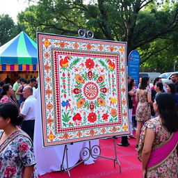A stunning Bangladeshi nokshi katha quilt displayed at a cultural event in the USA, showcasing its intricate embroidery and vibrant colors