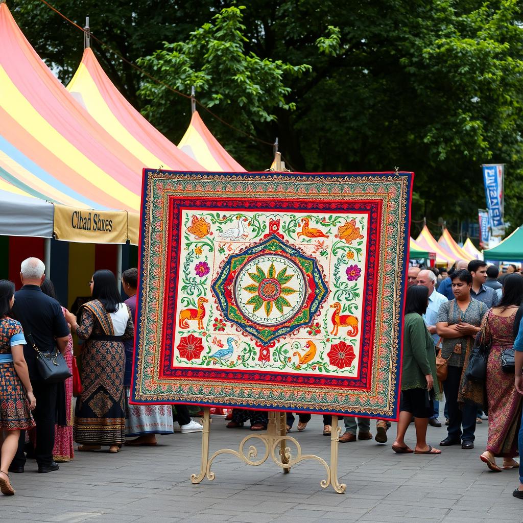 A stunning Bangladeshi nokshi katha quilt displayed at a cultural event in the USA, showcasing its intricate embroidery and vibrant colors