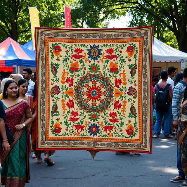 A stunning Bangladeshi nokshi katha quilt displayed at a cultural event in the USA, showcasing its intricate embroidery and vibrant colors