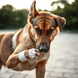 A dramatic and poignant image of a Croatian dog, a beautiful and strong breed, depicted in a poignant moment where it has a bandaged paw showing evidence of a wound and a gentle yet painful expression on its face